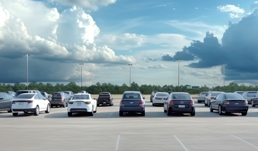 Cars in a parking lot with cloudy sky in background